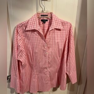 Lands End long sleeve button down pink and white plaid shirt.